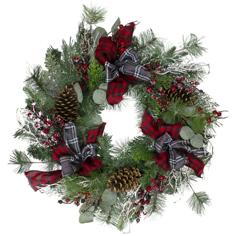 24" Christmas Wreath Flocked Plaid Red Berries Pinecones NWT Holiday Decor